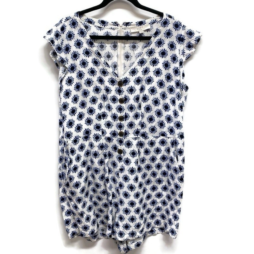 LOFT Plus Linen Blend Romper Womens 14 White & Blue Floral Pattern Button Accent